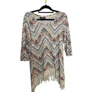 Absolutely Famous Women’s Blouse Size Medium Western Boho Orange, Blue Fringe